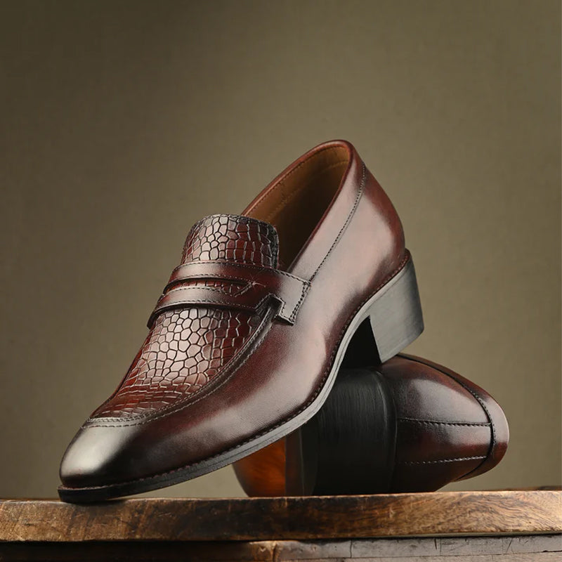Luxury Croc Upper Cuban Heel Leather Burgundy Loafer