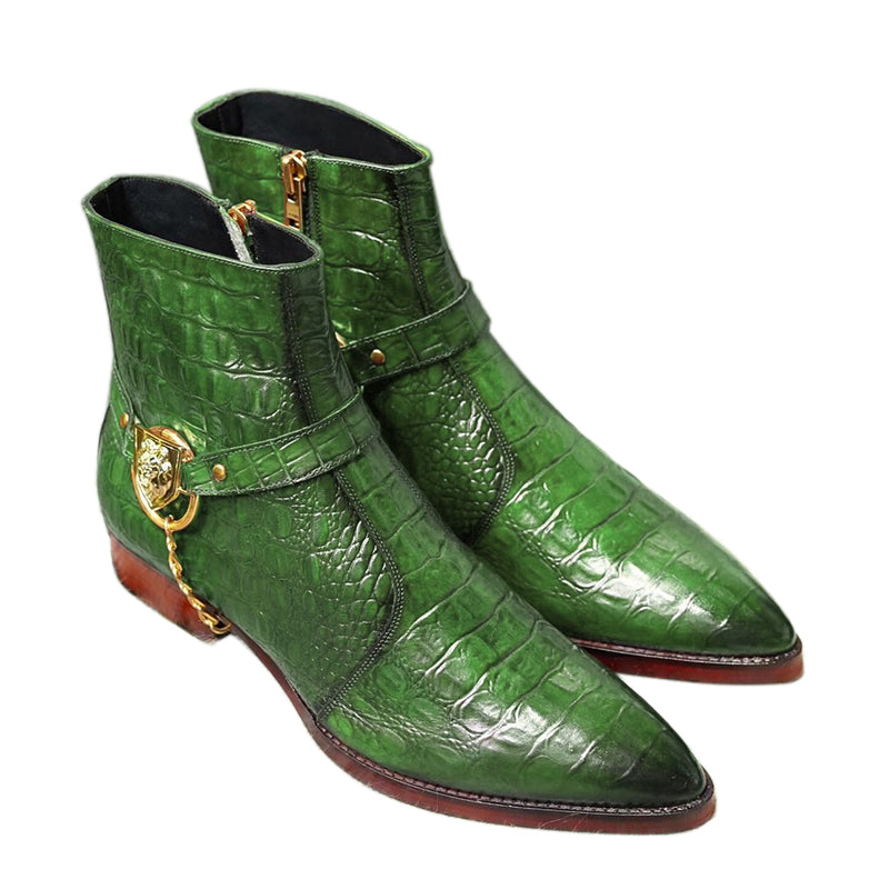 Green Croco Side Buckle Chelsea Boots