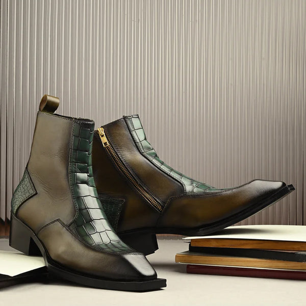 Luxury Croco Textured Leather Side Zipper Boot