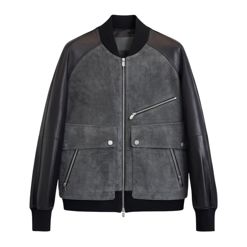 Croc-Textured Leather Bomber Jacket