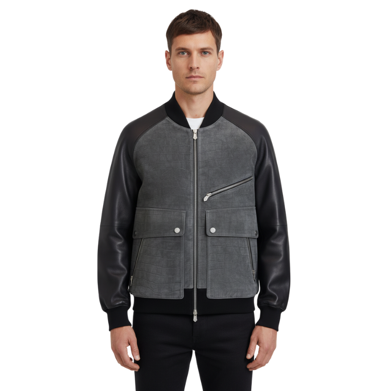 Croc-Textured Leather Bomber Jacket