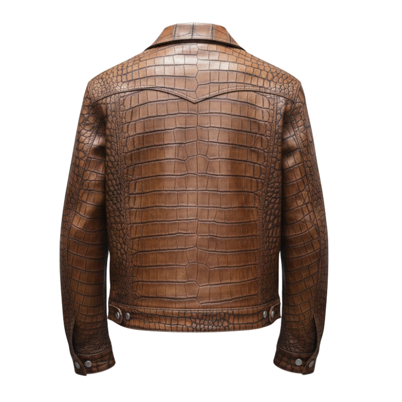 Cognac Croc-Embossed Leather Jacket
