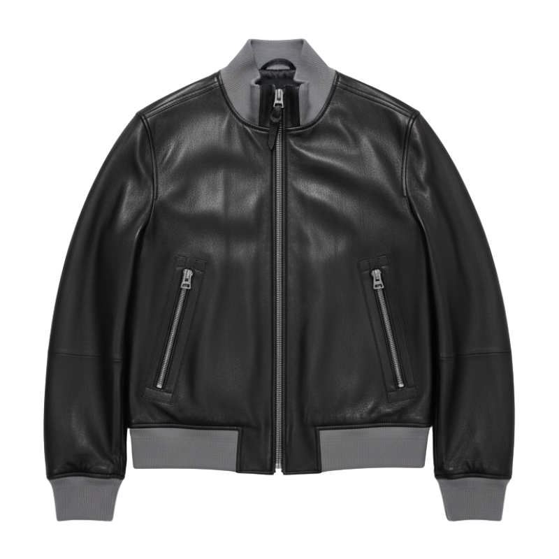 High Neck Luxury Leather Bomber Jacket