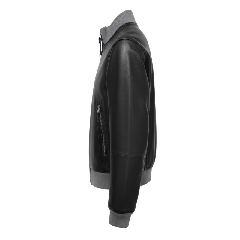 High Neck Luxury Leather Bomber Jacket