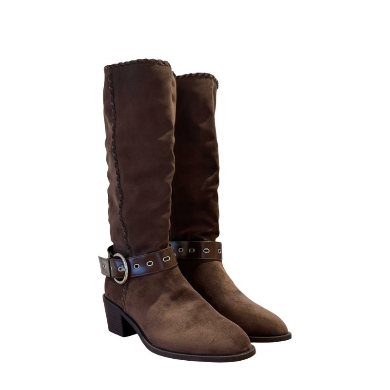 Rustic Suede Saddle Strap Knee-High Boots