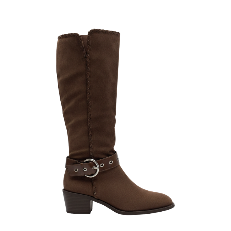 Rustic Suede Saddle Strap Knee-High Boots