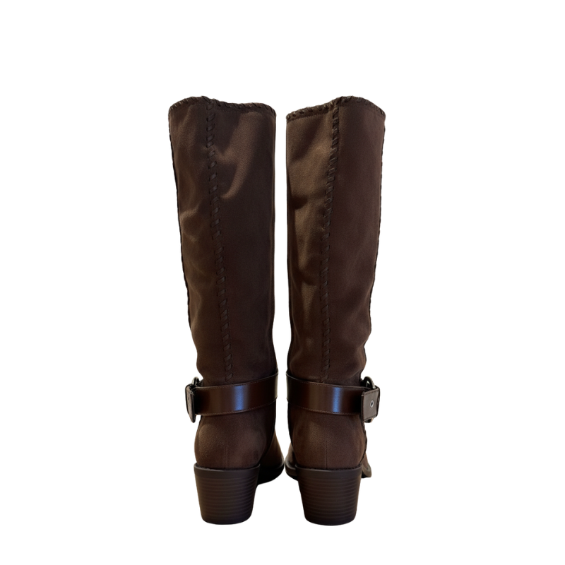 Rustic Suede Saddle Strap Knee-High Boots