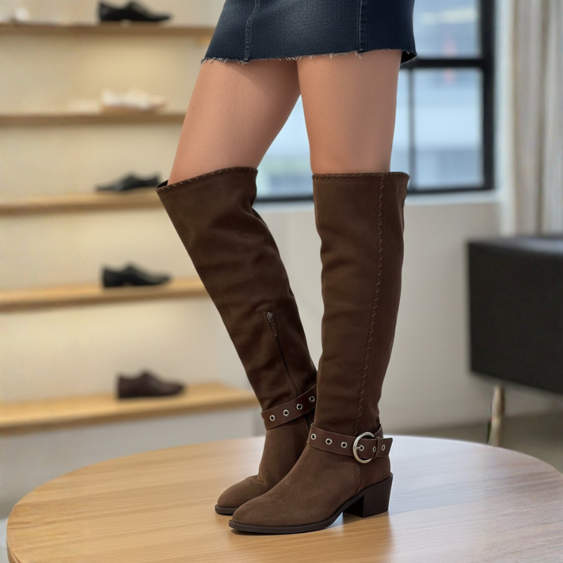 Rustic Suede Saddle Strap Knee-High Boots