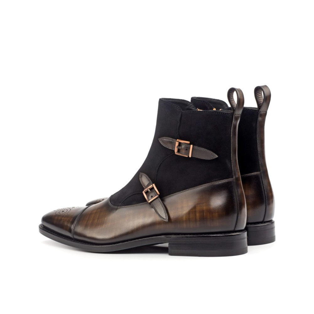Suede and Patina Leather Monk Boots