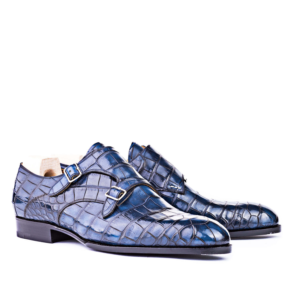 Men Leather Croc Print Double Monk Strap Shoe