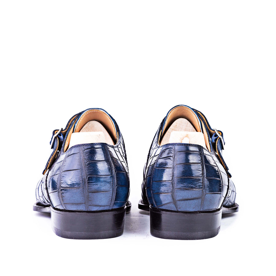 Men Leather Croc Print Double Monk Strap Shoe