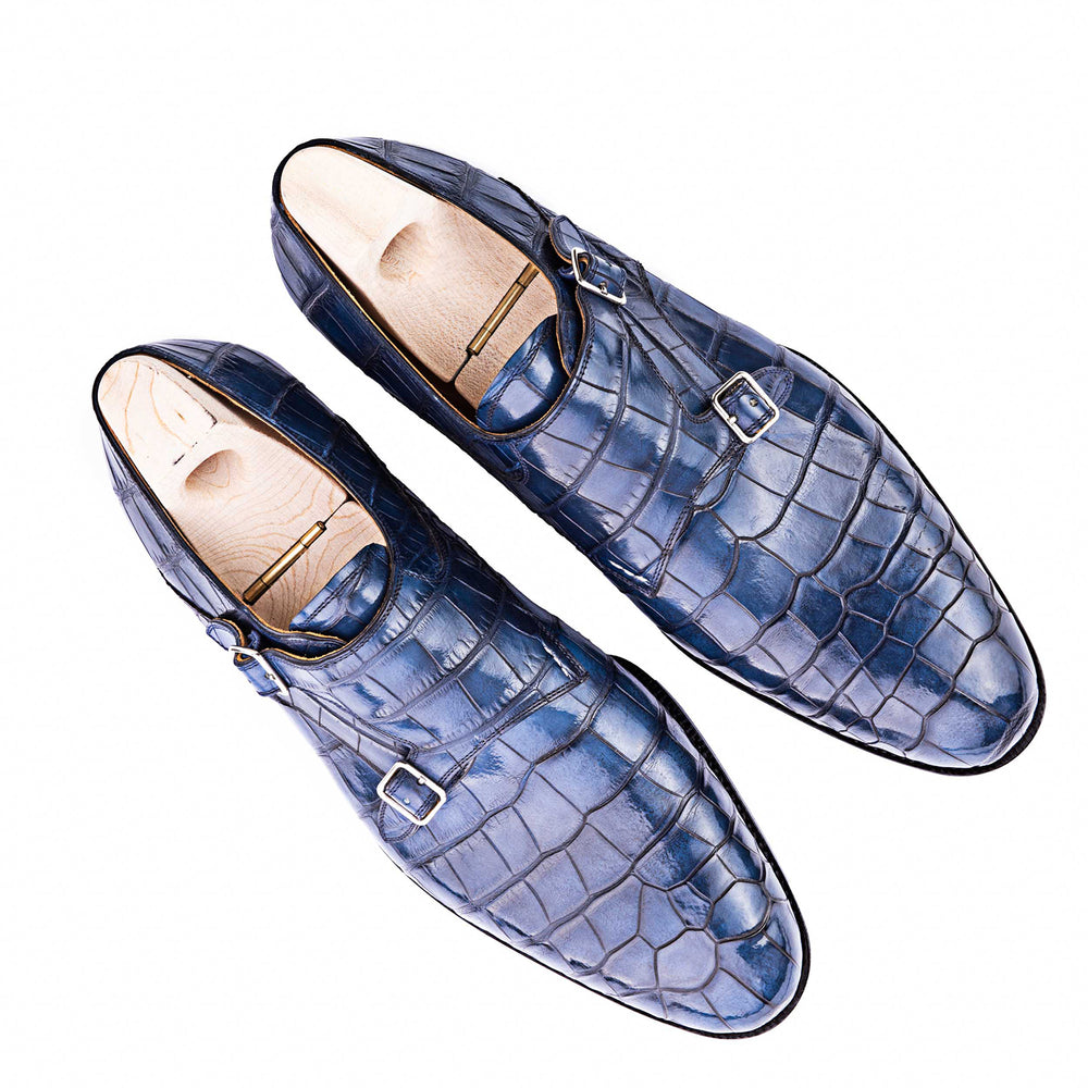 Men Leather Croc Print Double Monk Strap Shoe