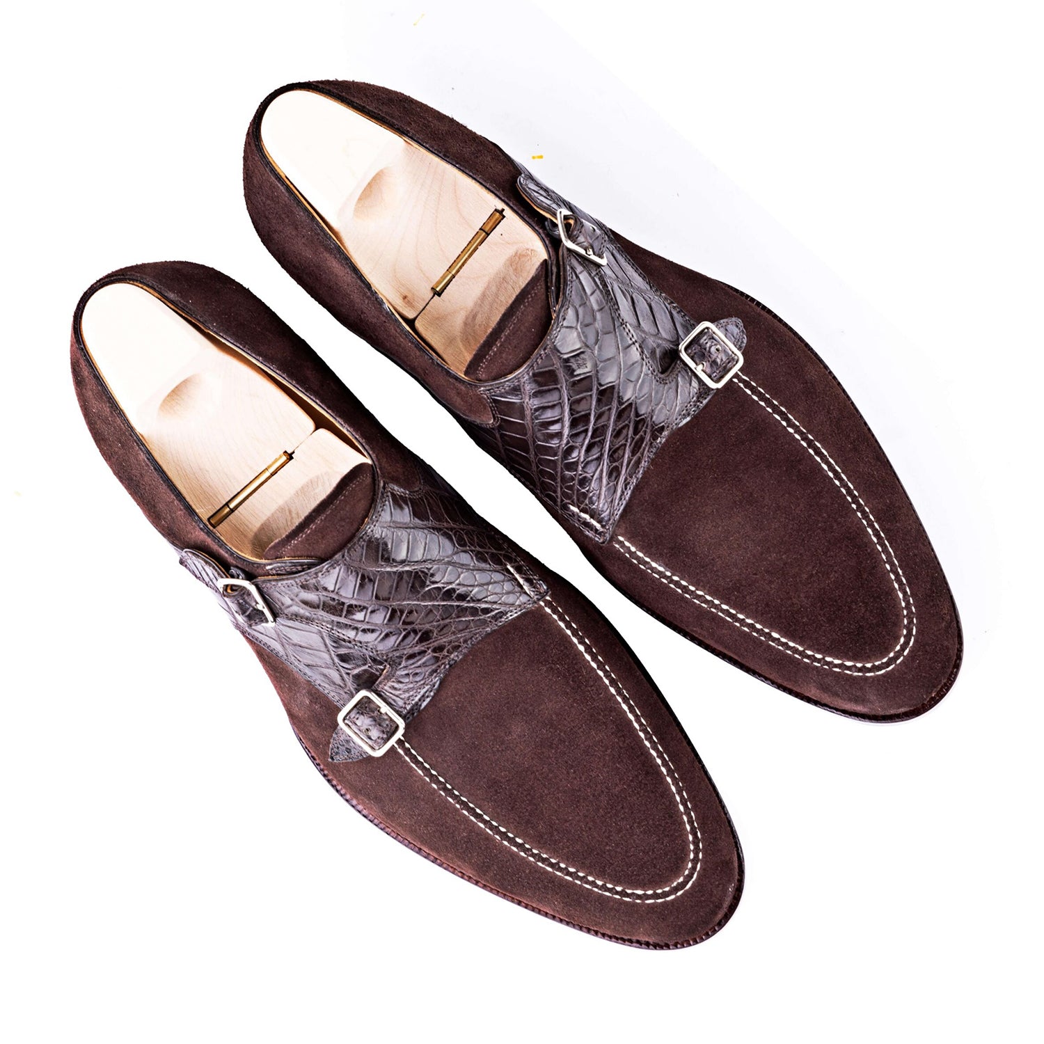 Suede Leather Croc Print Double Monk Strap Shoes