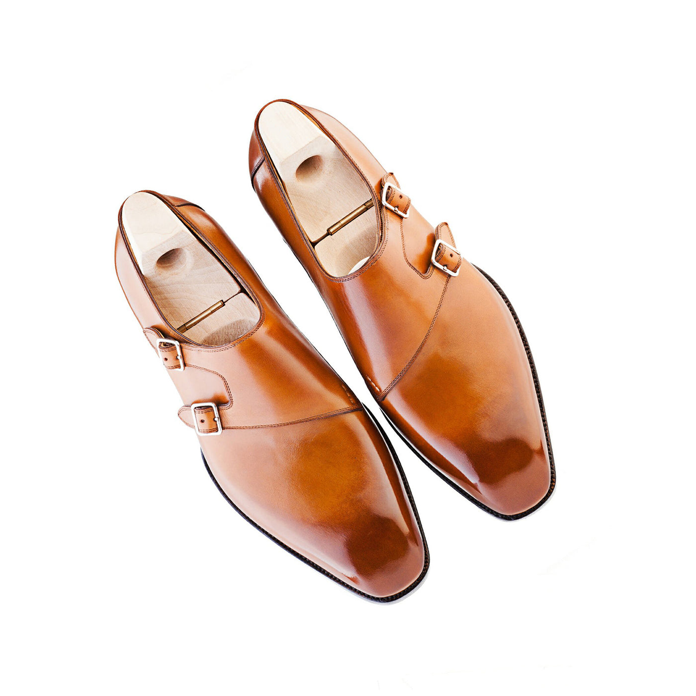 Classic Shiny Leather Double Monk Strap Tan Shoe