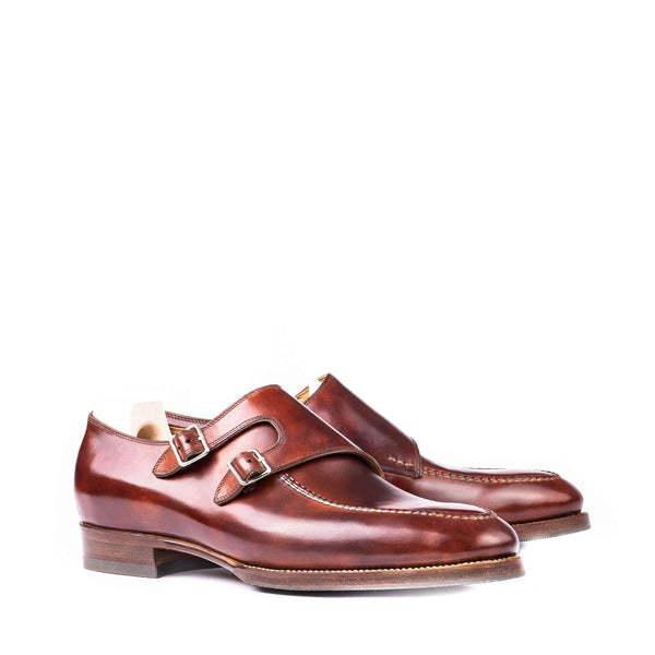 Men Leather Double Monk Straps Slip On Shoe