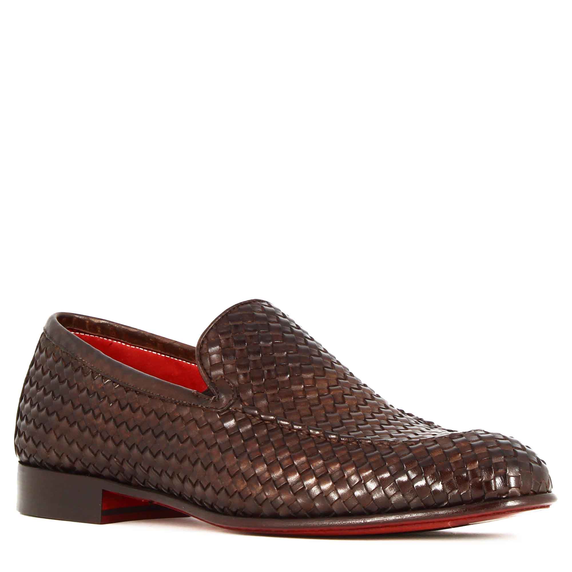 Dark Brown Woven Leather Moccasin