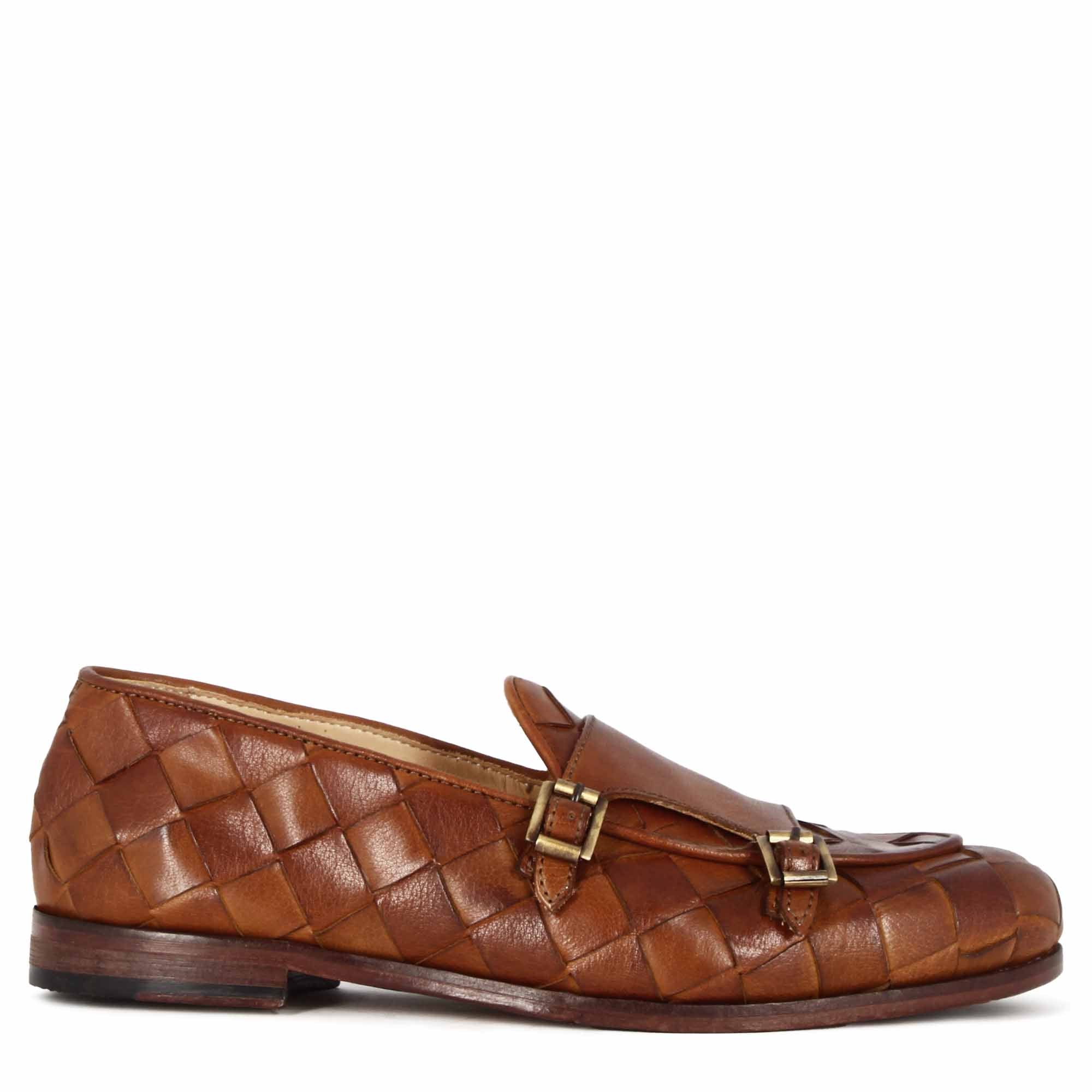 Brown woven leather moccasin