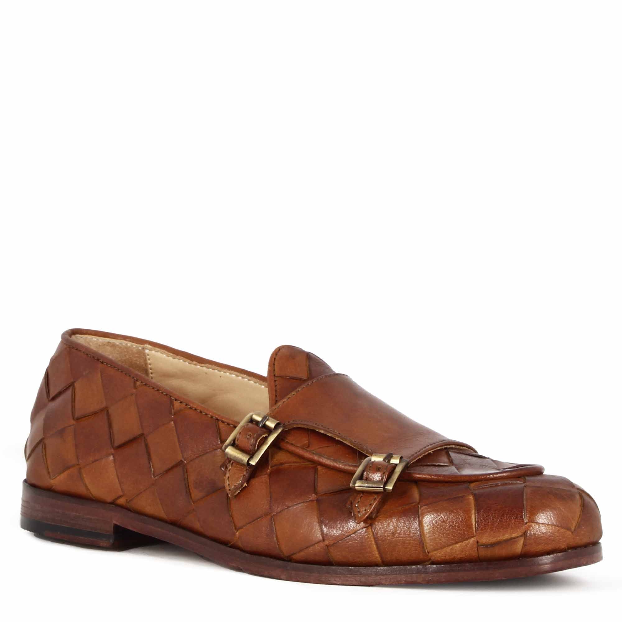 Brown woven leather moccasin