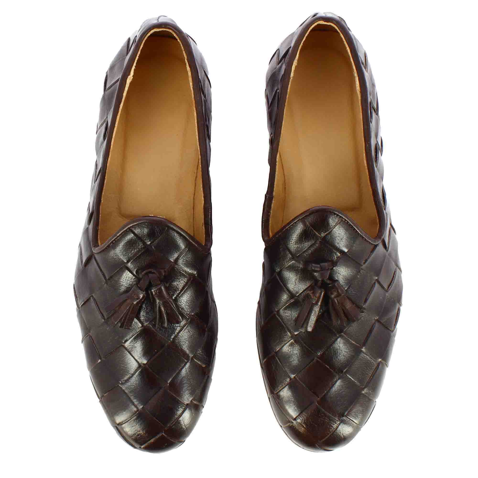 Dark Brown Woven Leather Loafers