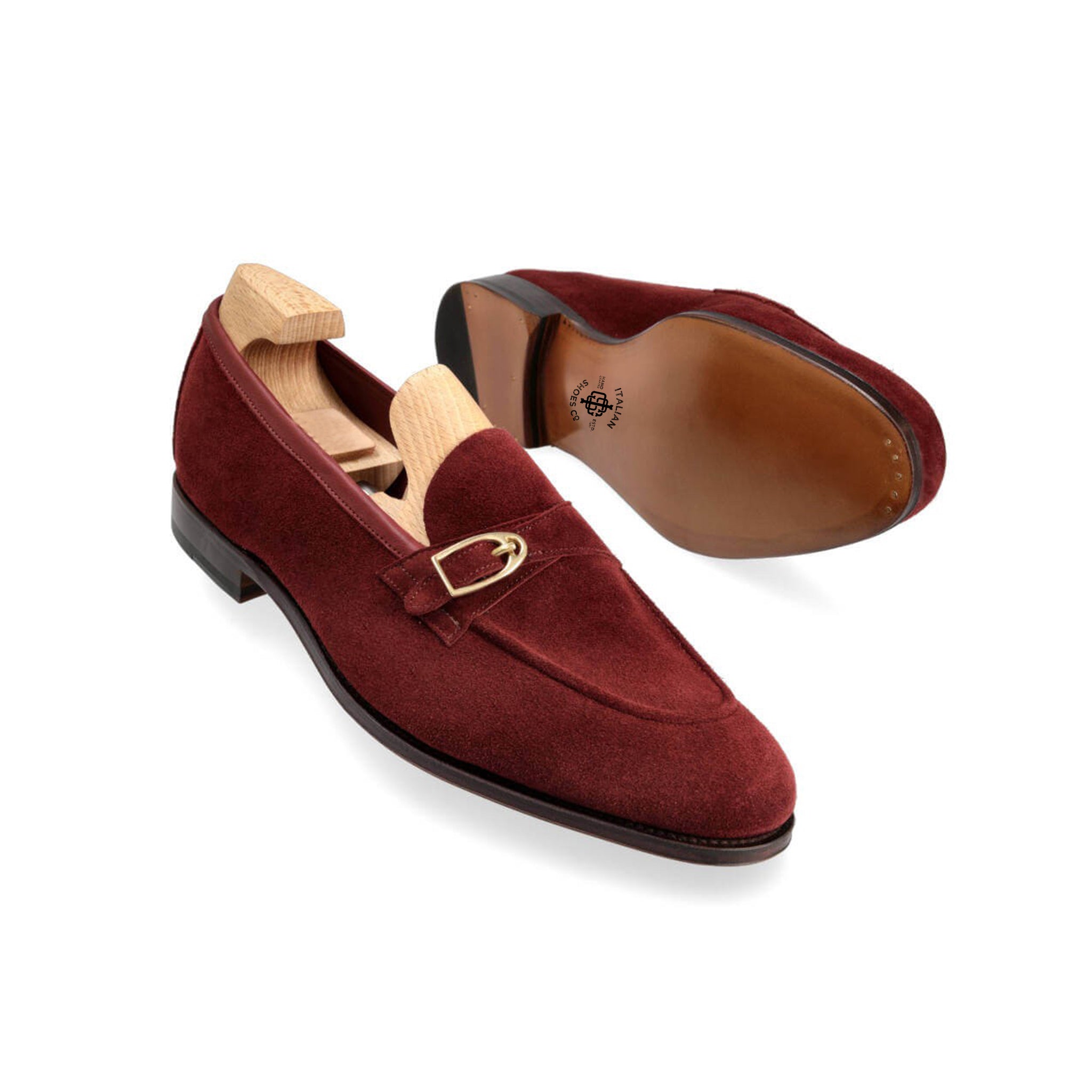 Burgundy Suede Monk Strap Shoes