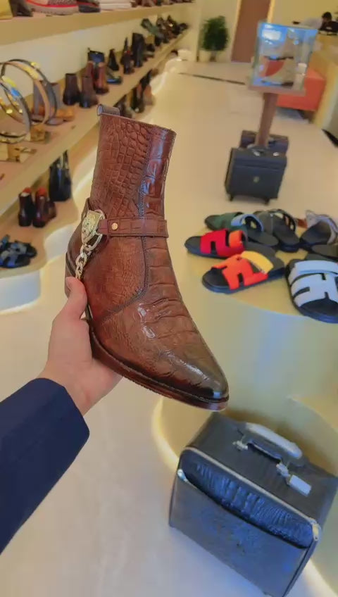 Luxury Leather Brown Boot With Engraved Metal Buckle Strap