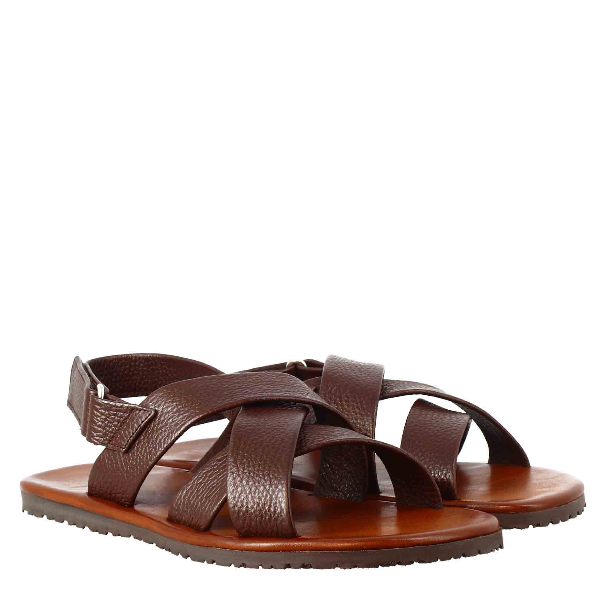 Men's sandals in Brown leather with velcro closure