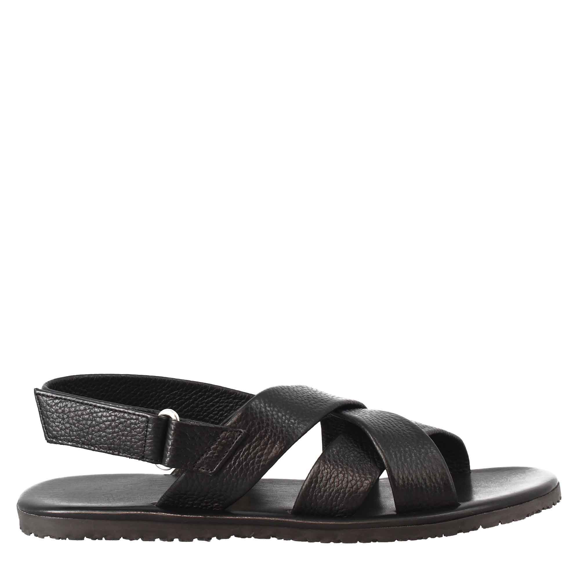 Men's Sandals in Black Leather with Velcro closure