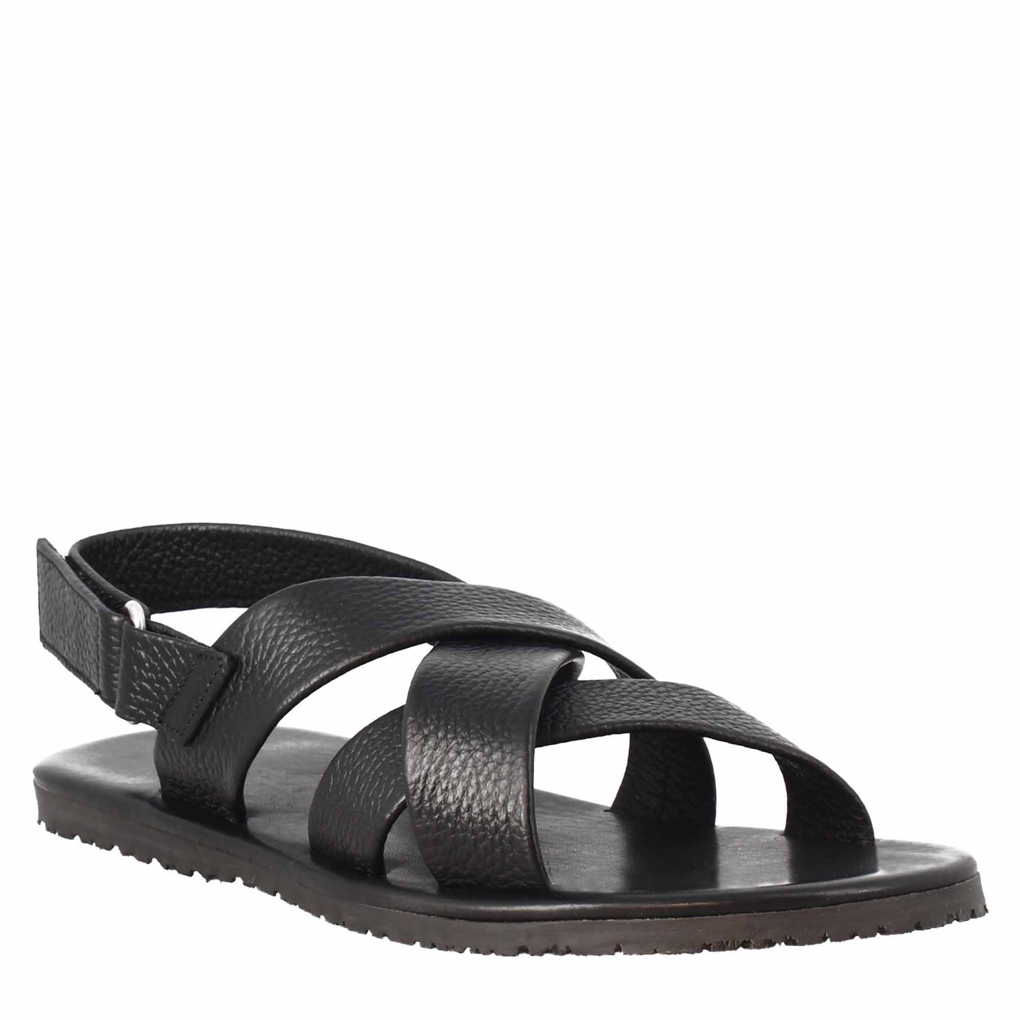 Men's Sandals in Black Leather with Velcro closure