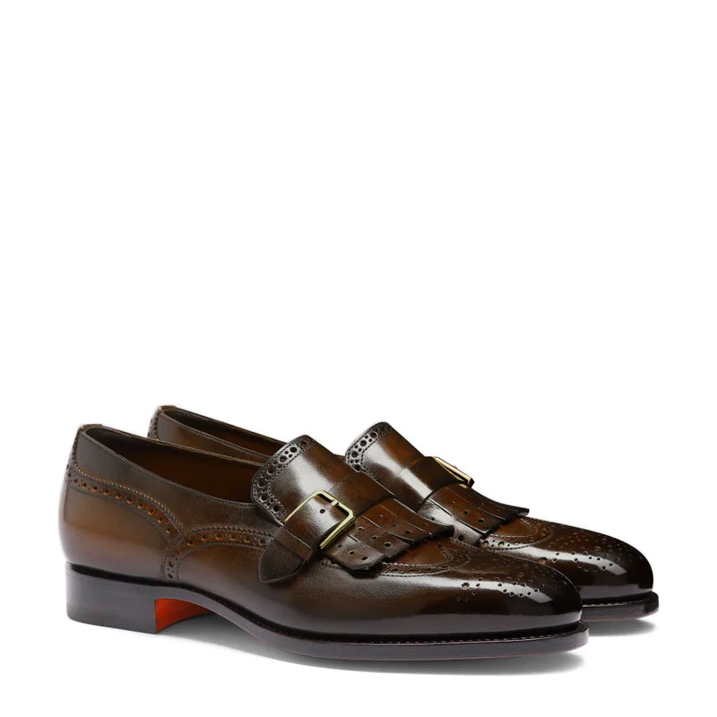 Handmade Leather Single Buckle Burgundy Loafer With Fringe