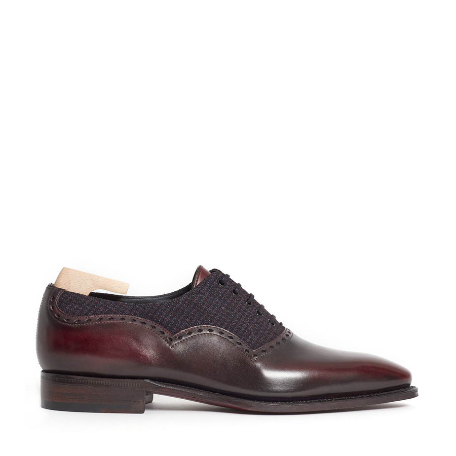 LIE DE VIN CALF LEATHER AND DORMEUIL FABRIC