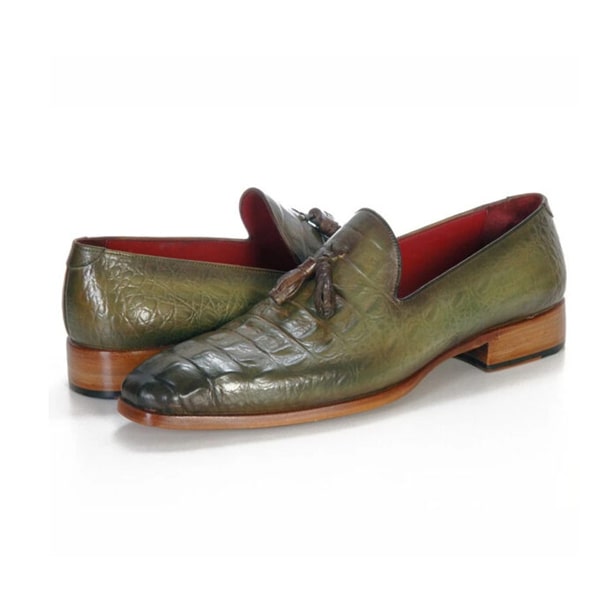 Embossed Leather Green Tassel Loafer