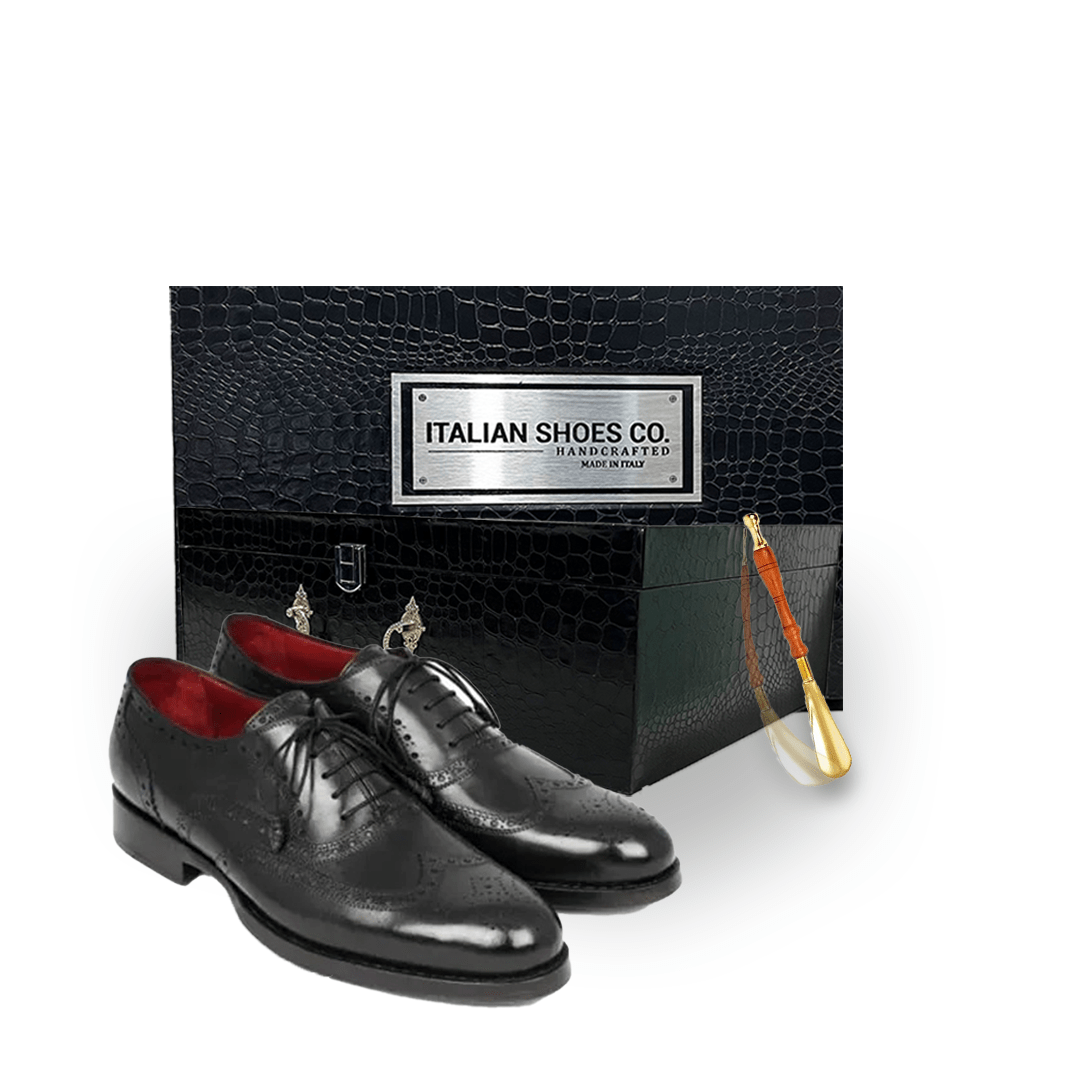 Wingtip Oxford Round Toe Black Italian Leather Shoes