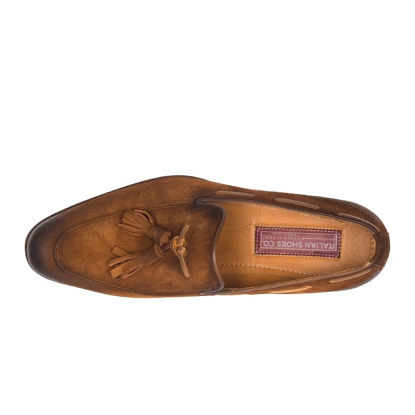 Suede Tassel Loafer in Tan Hand Colored Leather