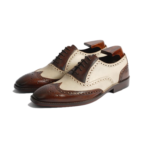 Handmade Men's White Tan Leather Wing Tip Brogue Shoes, Men