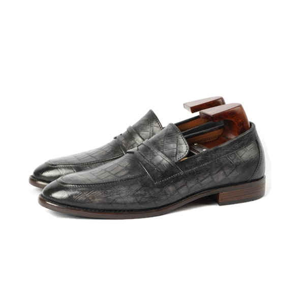 Embossed Grey Leather Penny Loafer