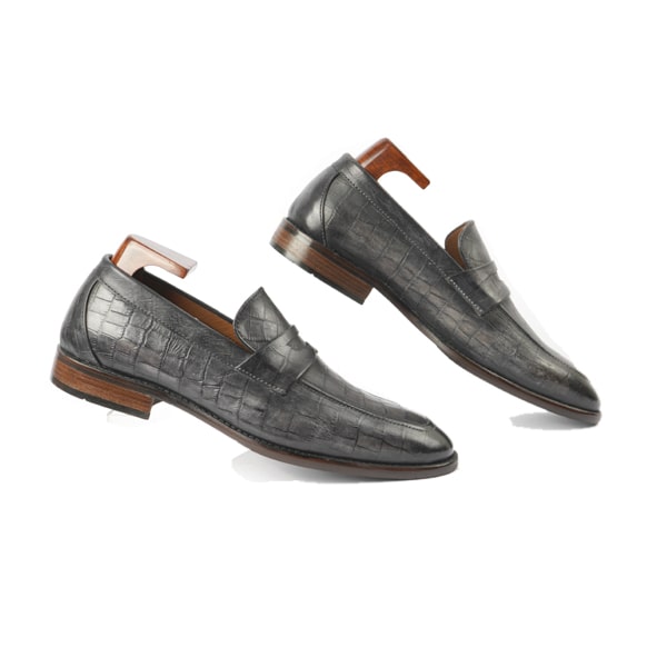 Embossed Grey Leather Penny Loafer