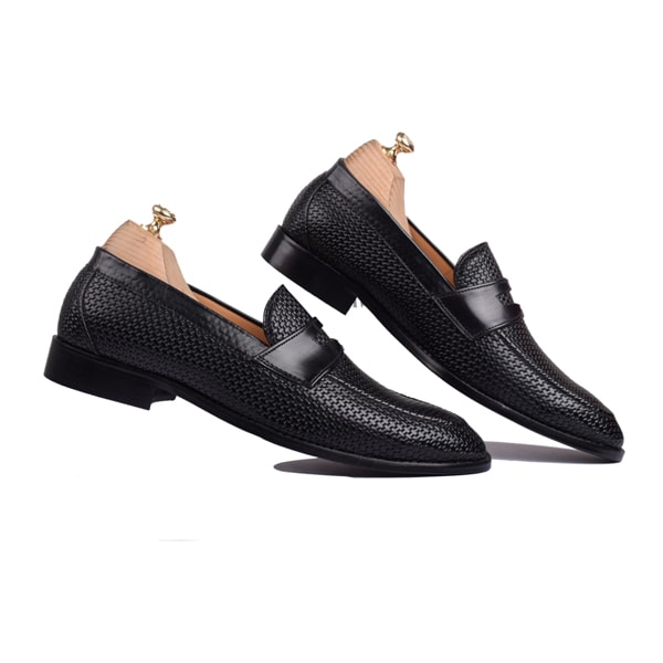 Penny Weaved Black Hand Colored Leather Loafer